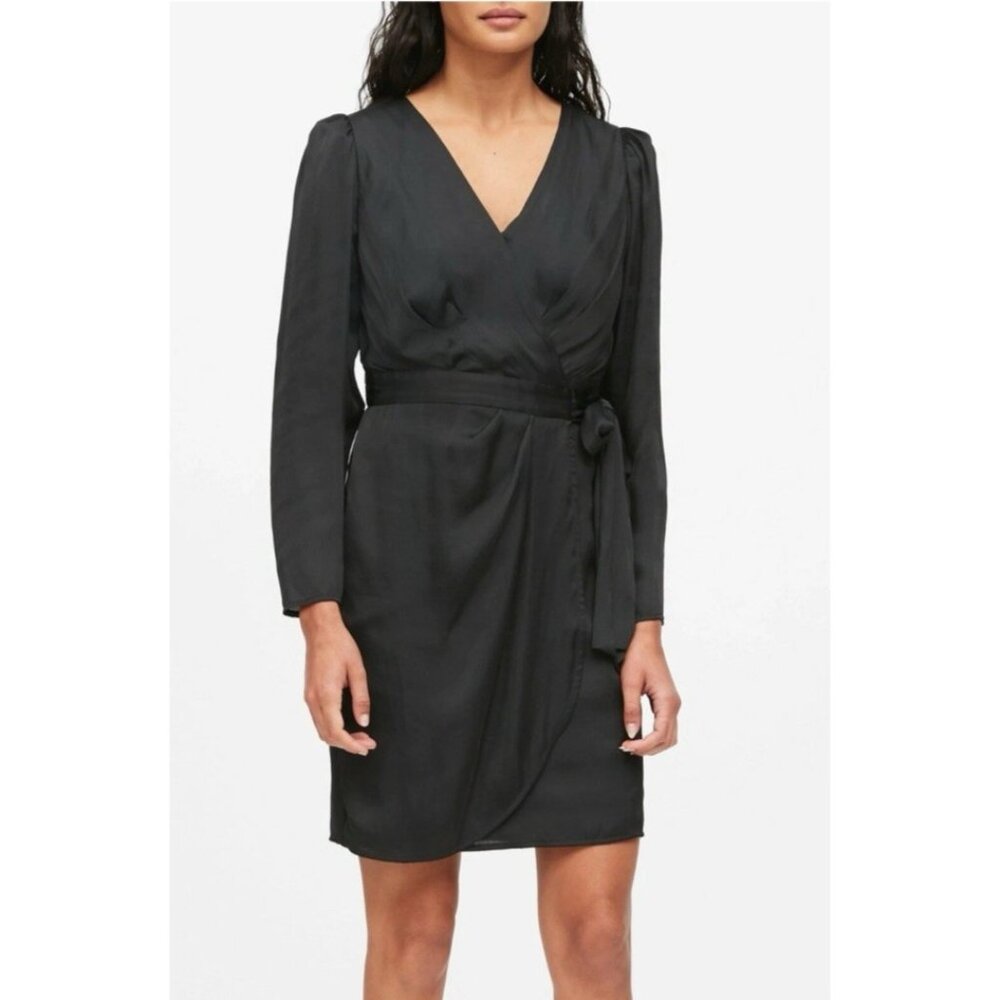 Banana Republic Wrap Dress 16 Black Silky Puff Long Sleeve Classic Washable
